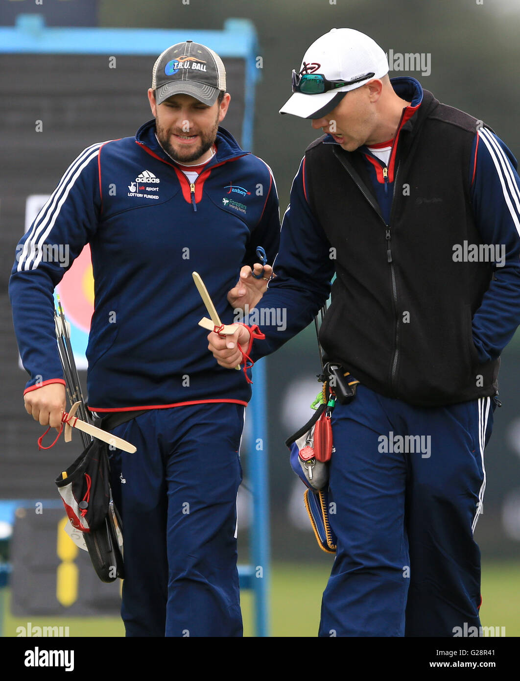 Great Britain's Duncan Busby (left) and Adam Ravenscroft during the European Archery Championships 2016 qualifying, at Nottingham University Campus. Stock Photo