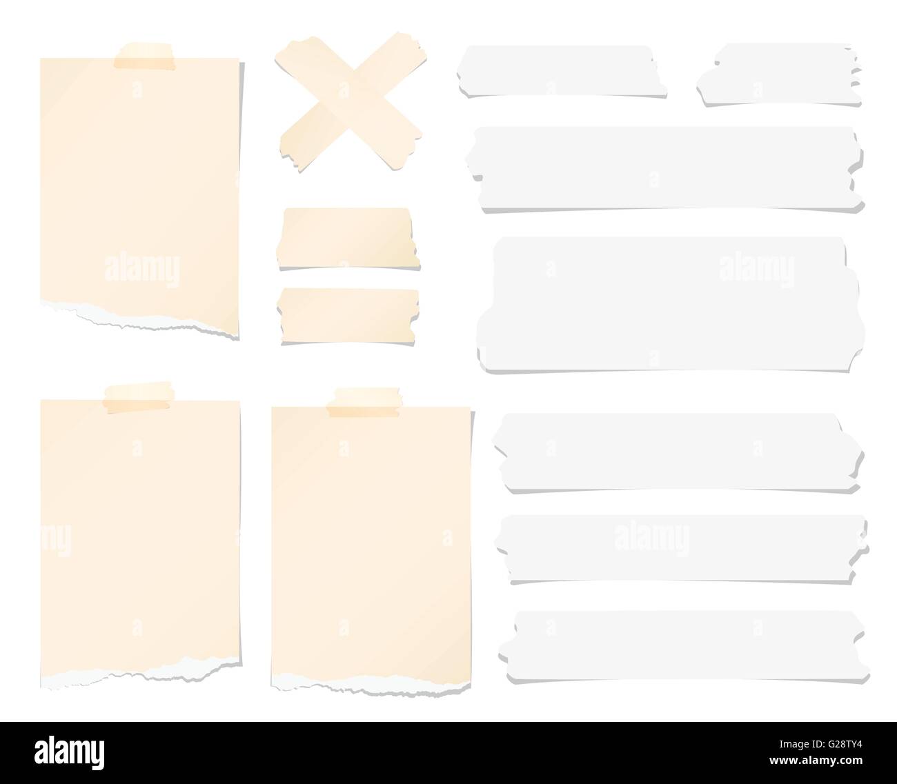 Pieces of ripped brown blank note paper, sticky, adhesive tapes are ...