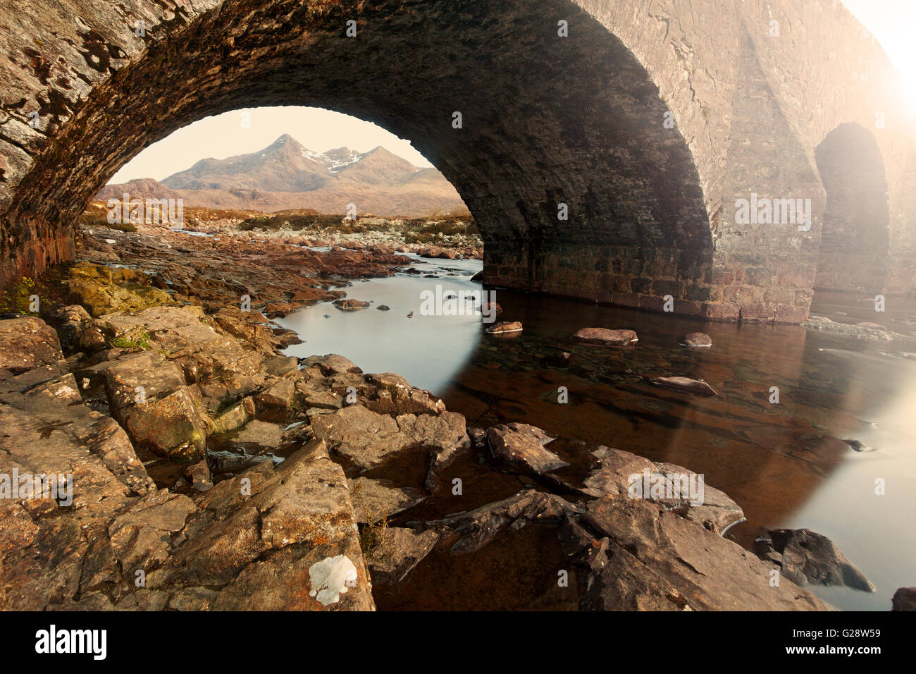 Scotland landscape: famous old bridge in Sligachan and Cuillins Stock Photo