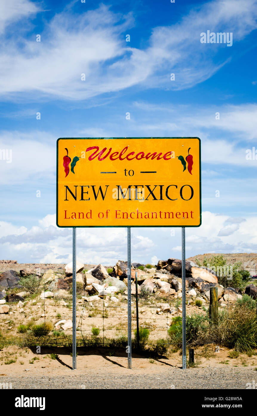 highway sign welcoming visitors to New Mexico, US 160, 4 corners area Stock Photo