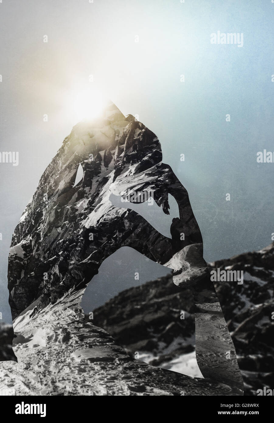 Double exposure of Asian woman practicing yoga and snowy mountainscape Stock Photo