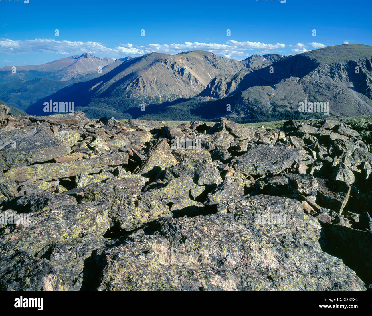 USA, Colorado, Rocky Mountain National Park, View from Trail Ridge Road with Longs Peak (rear left) and Stones Peak (center). Stock Photo