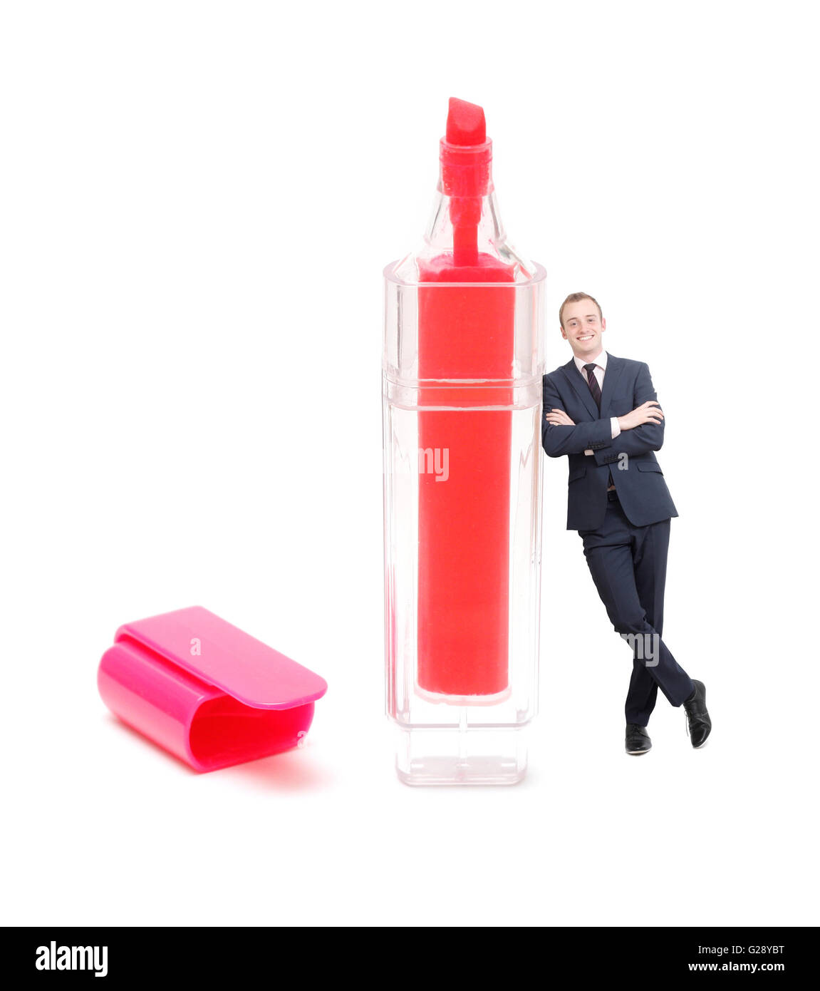Businessman leaning on marker on white Stock Photo