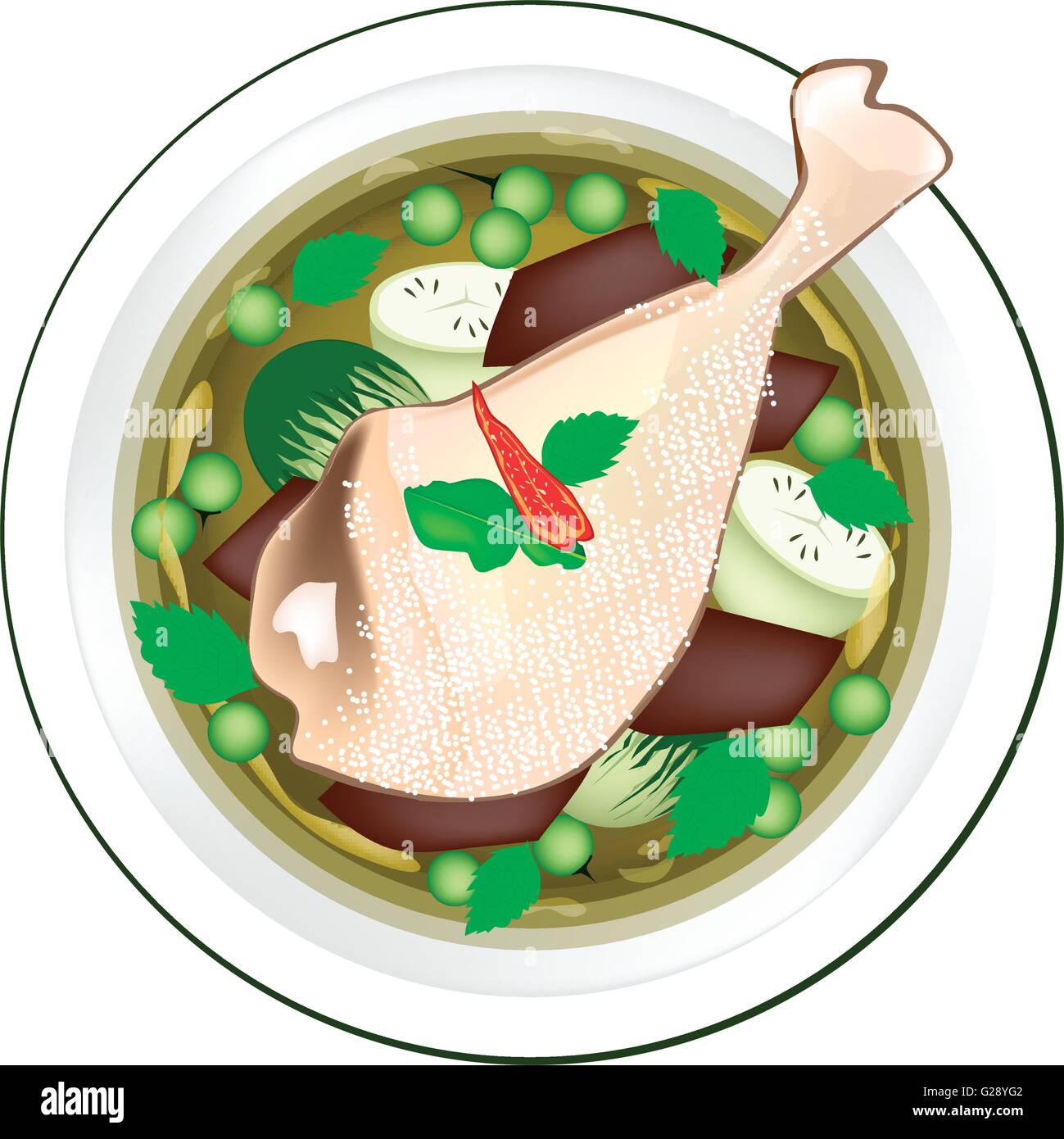 Thai Cuisine, Thai Spicy Green Curry with Green Eggplant, Chicken and