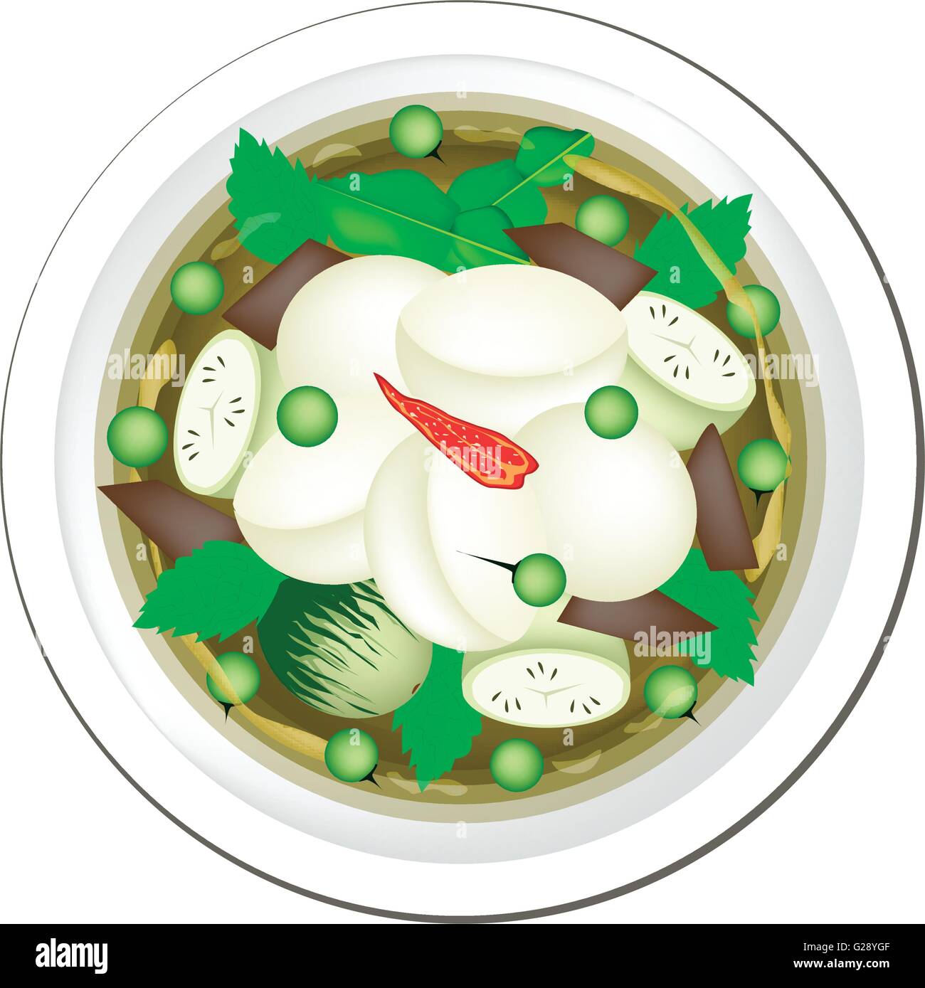 Thai Cuisine, Thai Spicy Green Curry with Eggplant, Fish Balls and