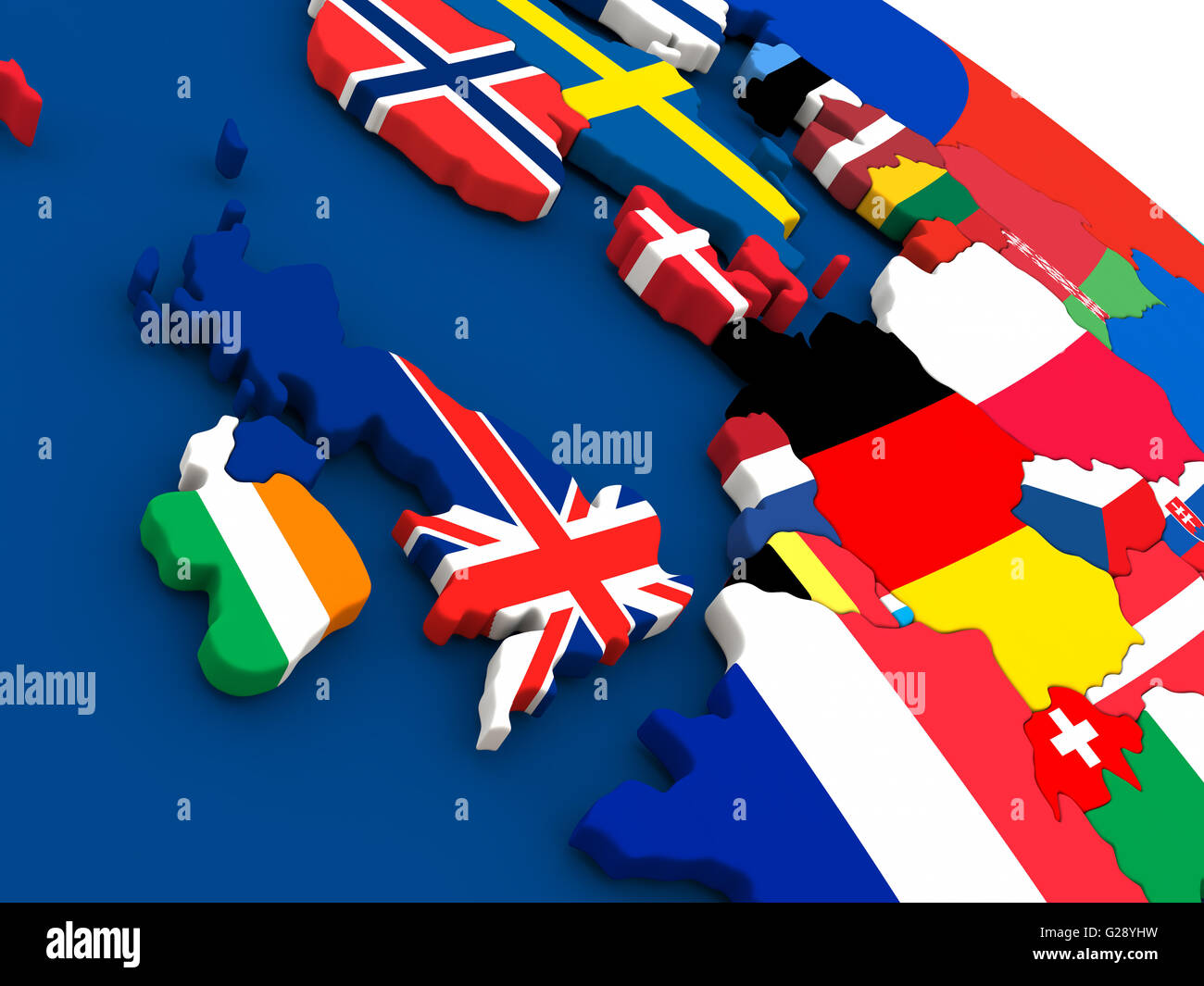 Map of United Kingdom on globe with embedded flags of countries. 3D ...