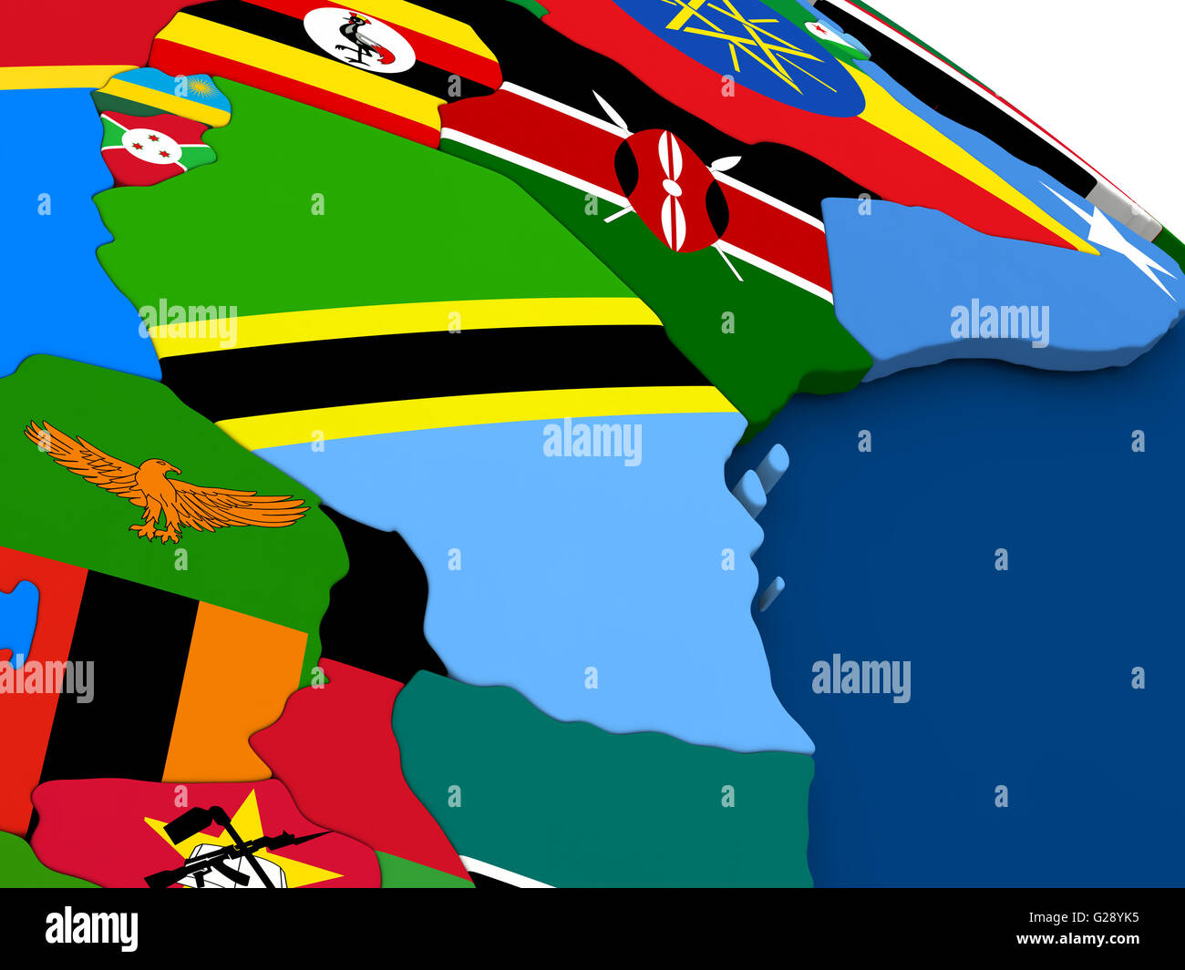 Map of Tanzania on globe with embedded flags of countries. 3D ...