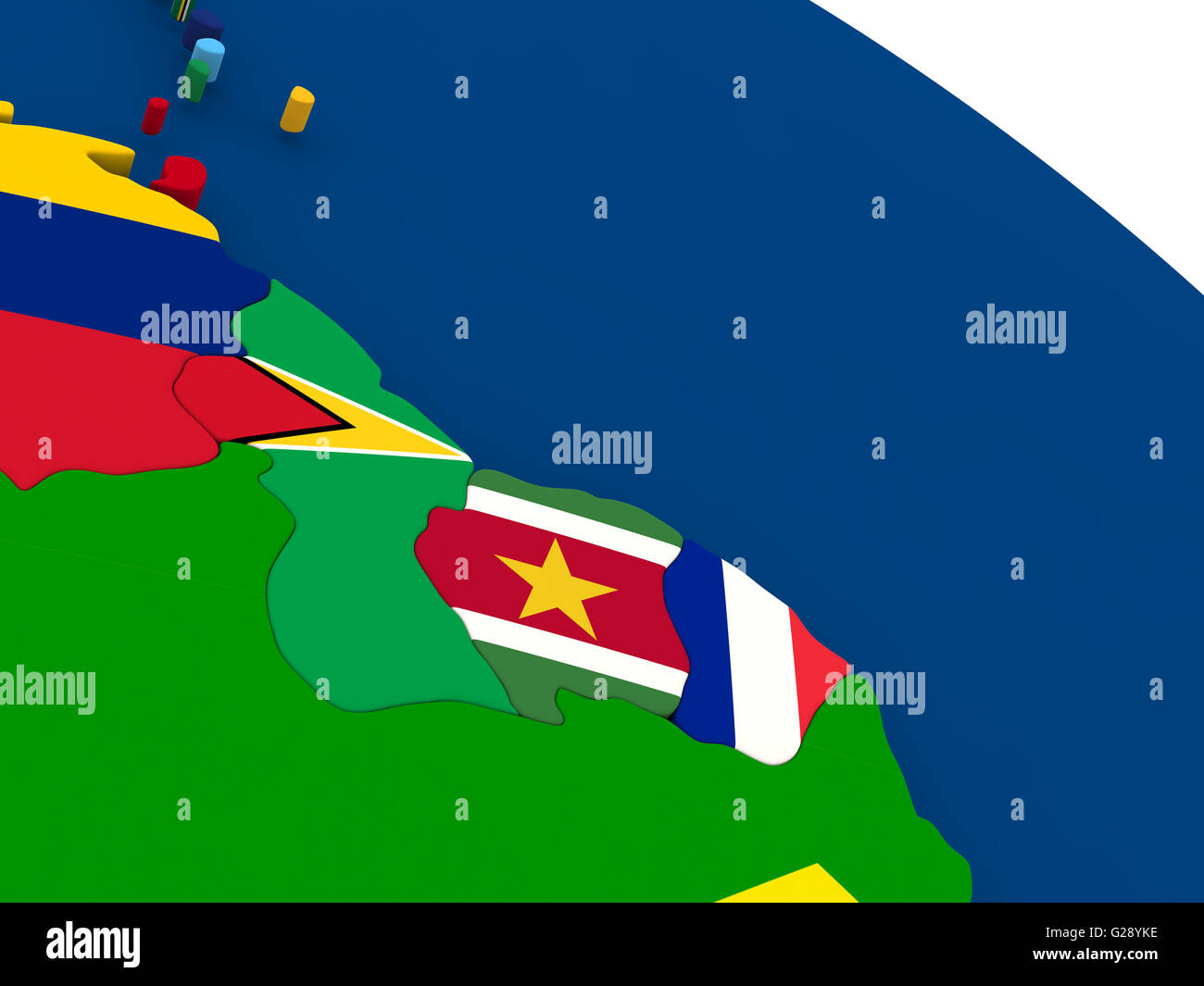 Map of Guyana, Suriname and French Guiana on globe with embedded flags