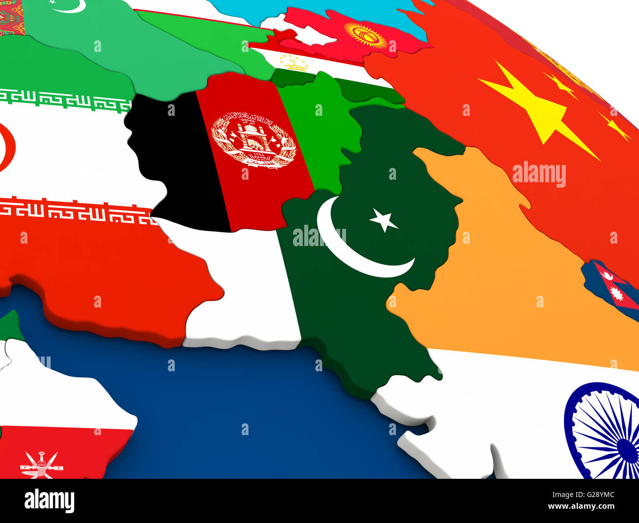 Map of Afghanistan and Pakistan on globe with embedded flags of