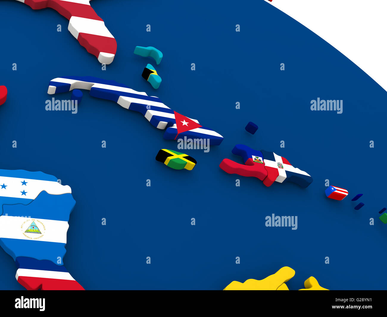 Map of Cuba, Jamaica, Haiti and Dominican Republic on globe with embedded flags of countries. 3D