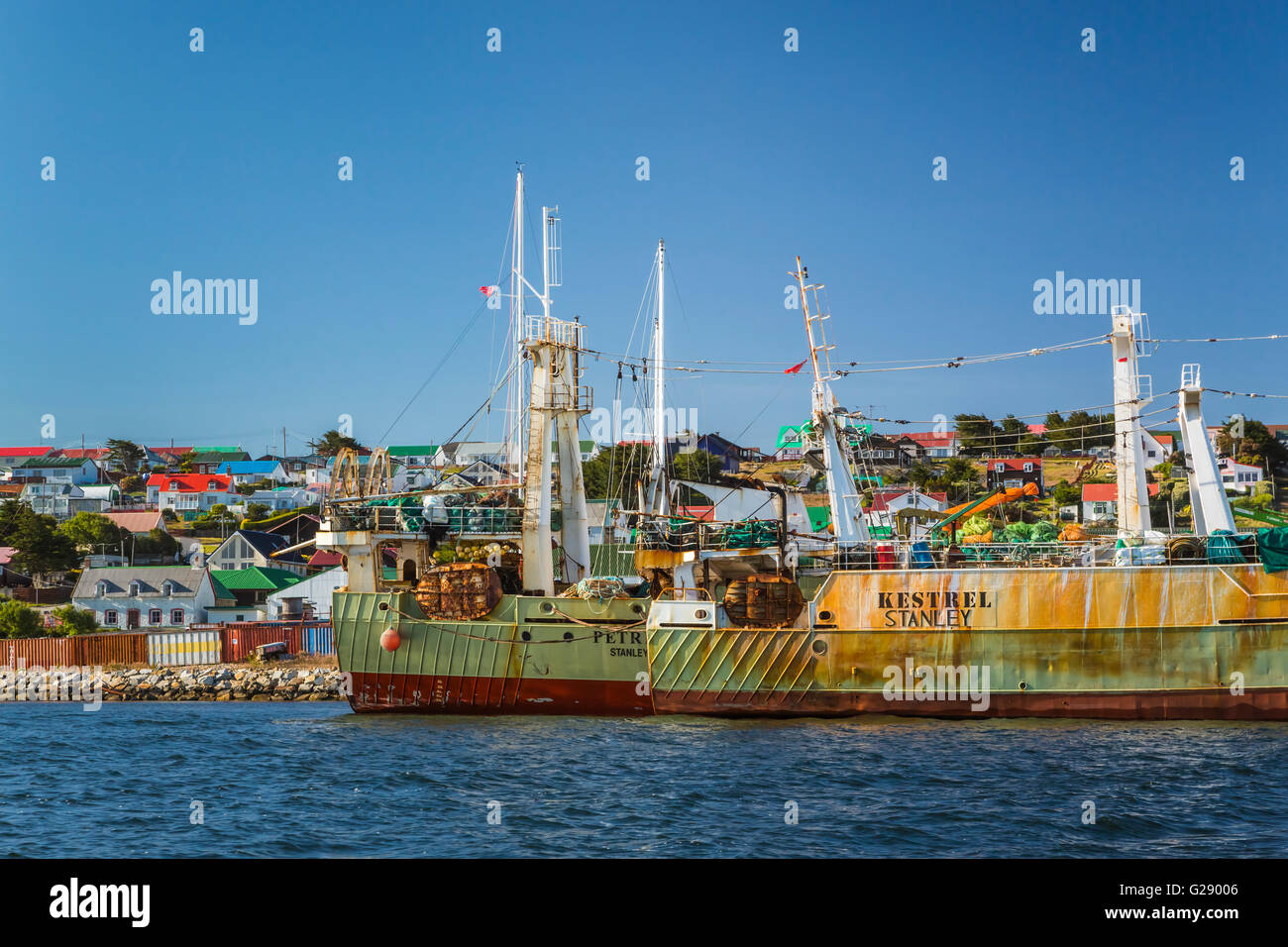 Fishing vessels in the harbor at the port of Stanley, Falkland Islands, British Overseas Territory. Stock Photo