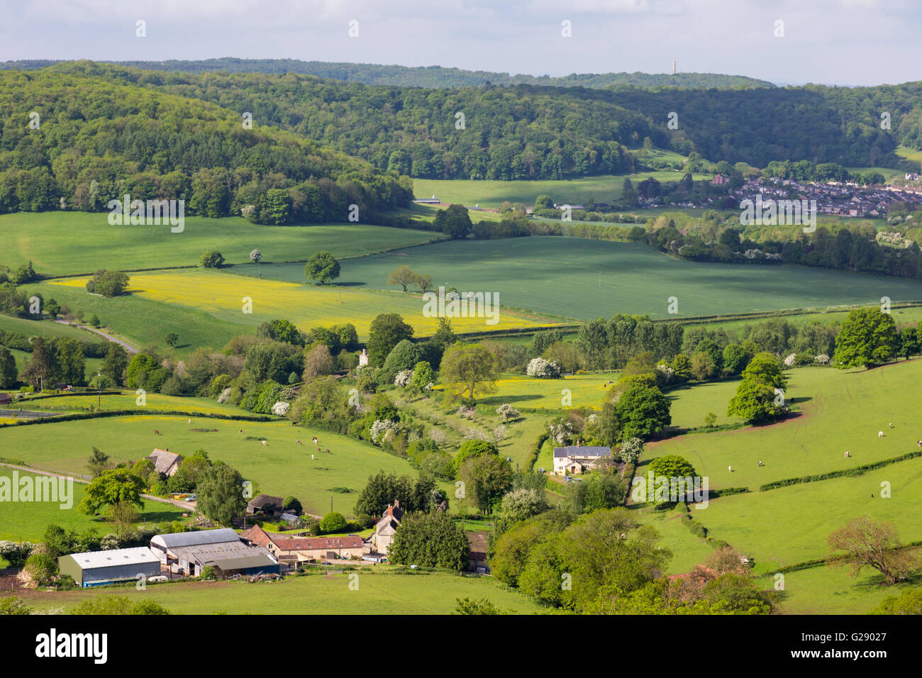 A Cotswold landscape in springtime from Uley Bury hill fort near Dursley, Gloucestershire, England,UK Stock Photo