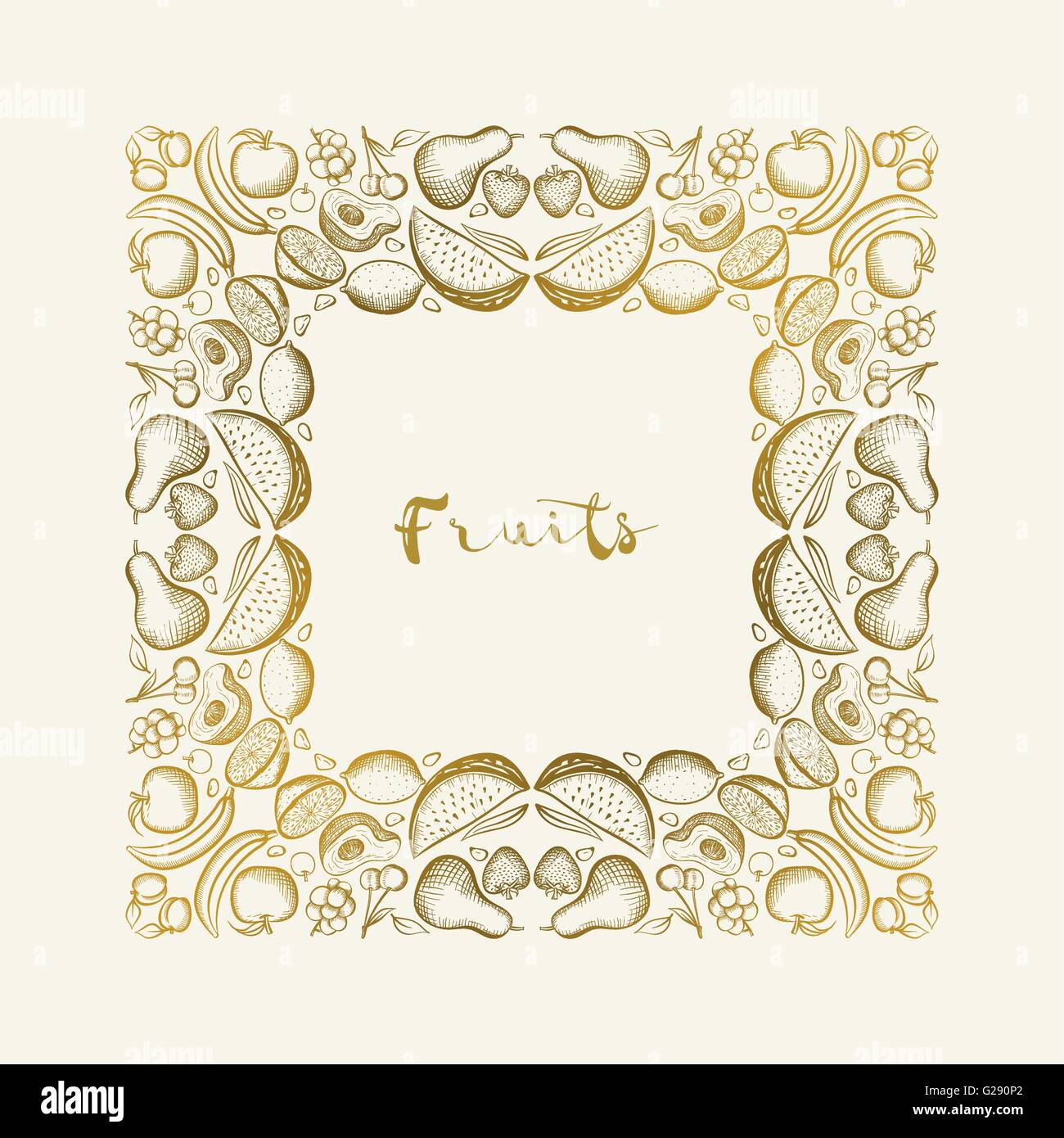 Vector hand drawn frame. Border is made with seamless pattern with various fruits. Stock Vector
