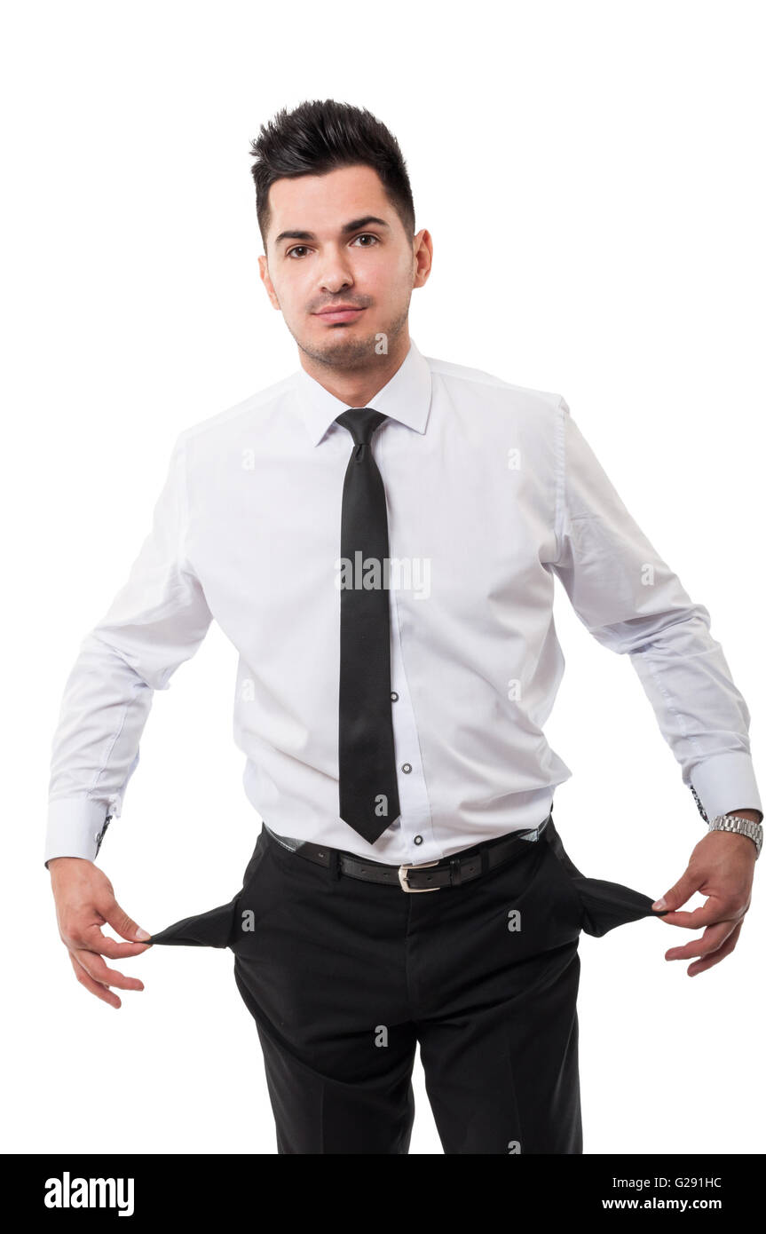 Broke business man showing his empty pants pockets , isolated on a