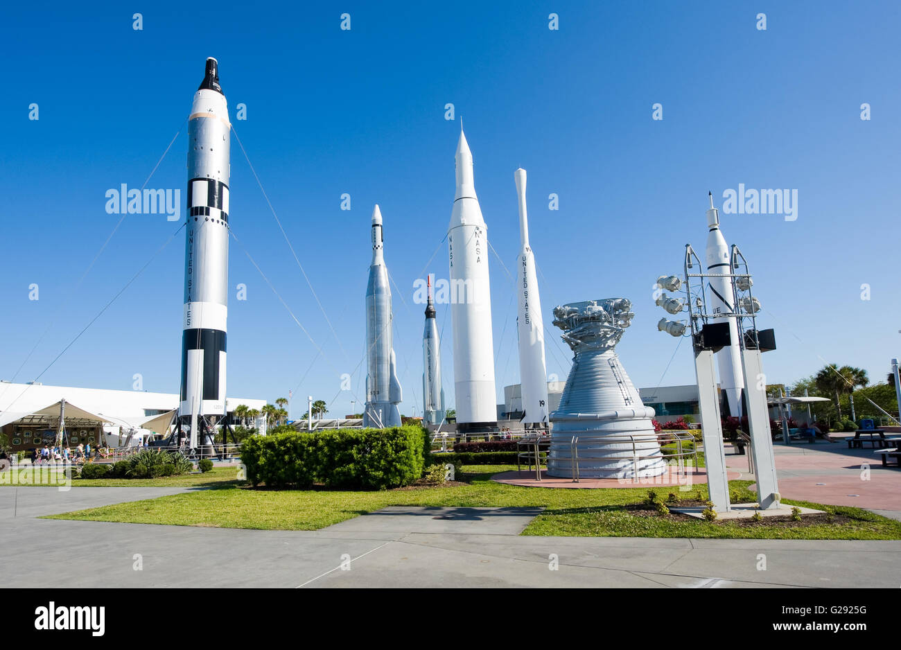 Several rockets are exhibited in rocket garden in the visitor complex of Kennedy Space Center Stock Photo