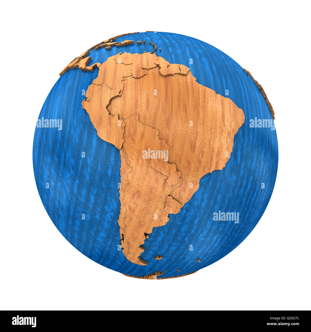 South America on wooden model of planet Earth with embossed continents ...