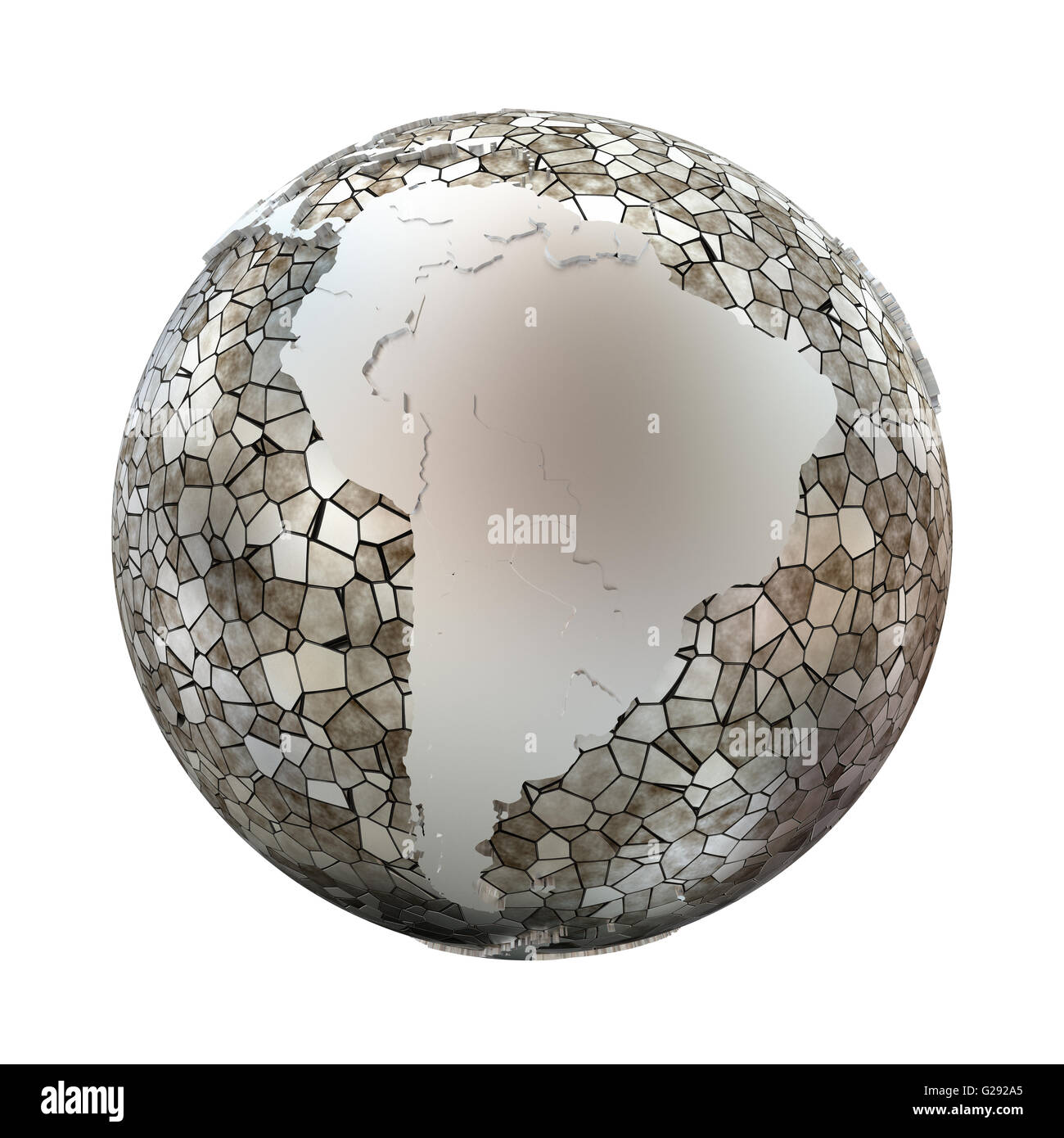 South America on metallic model of planet Earth. Shiny steel continents ...