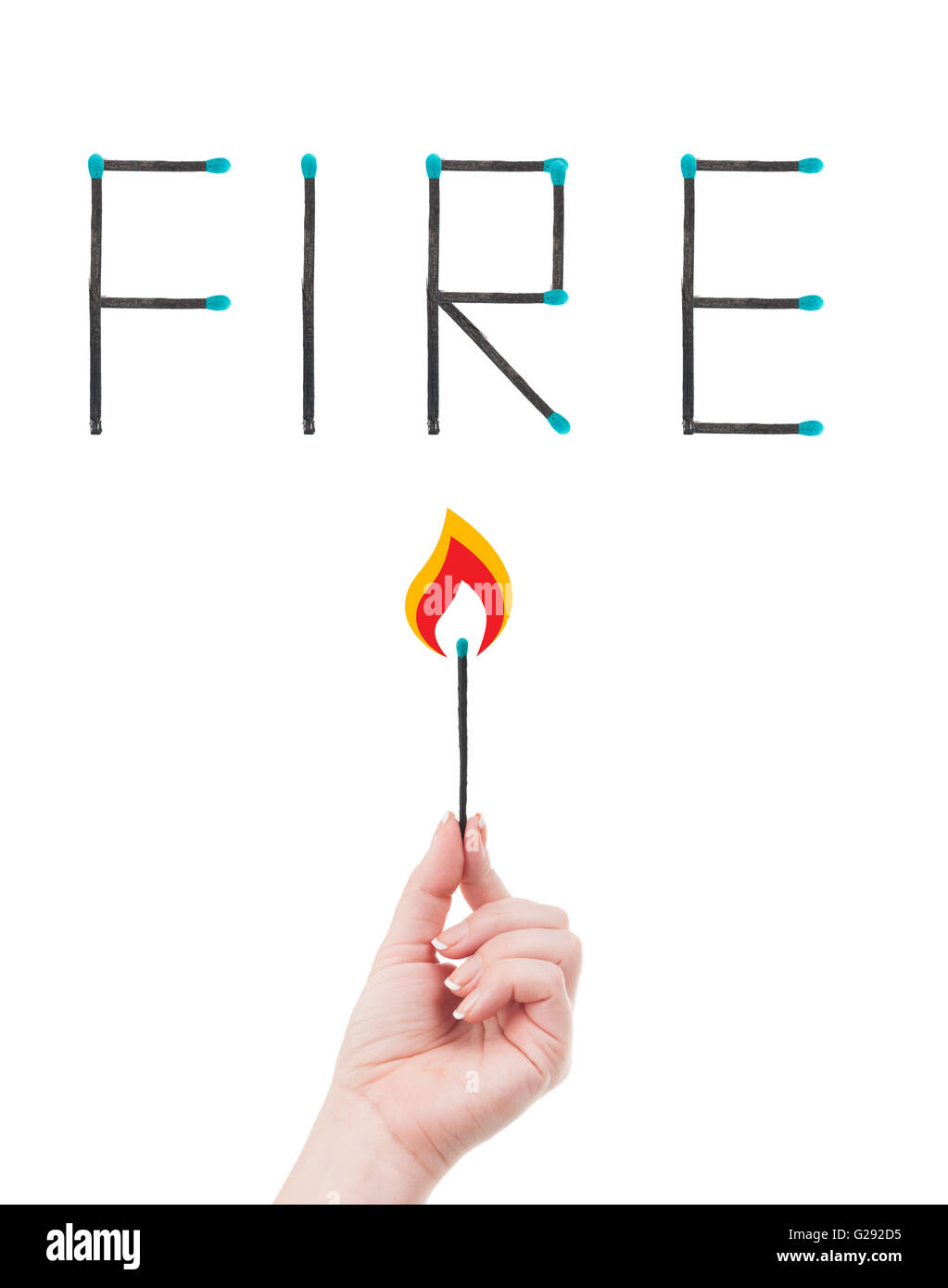 hand holding a burning match and word fire written with matches. Fire