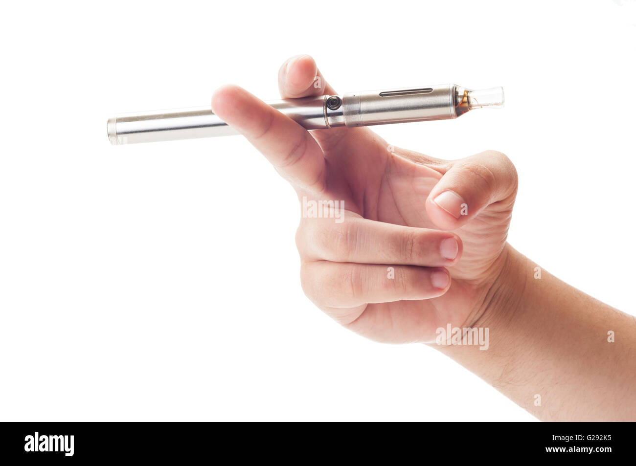 elfbar nachfüll pod läuft aus hand holding an electronic cigarette like a normal cigarette on white  background Stock Photo
