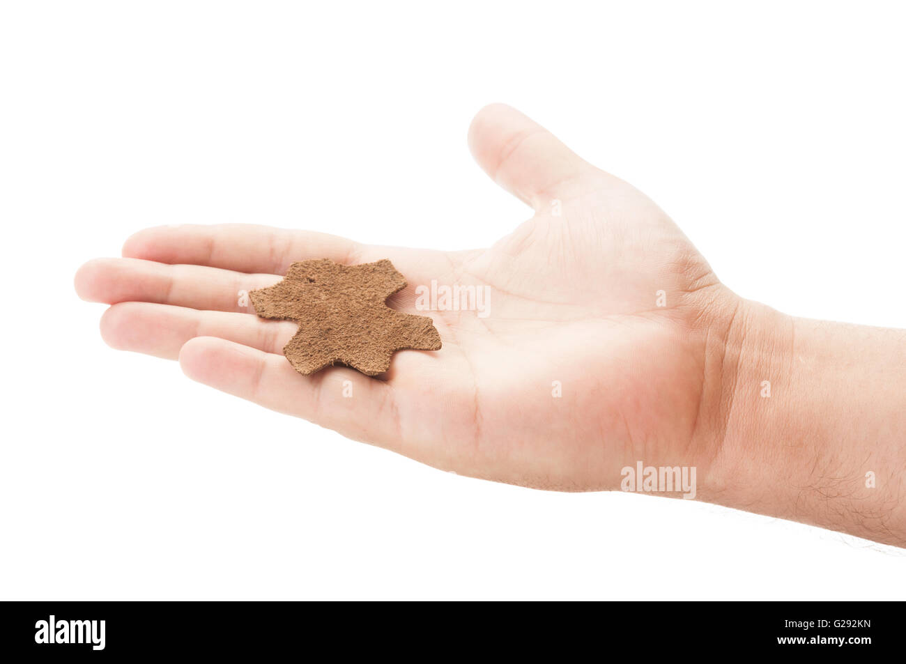White man hand holding a  made of real leather sign on white background Stock Photo