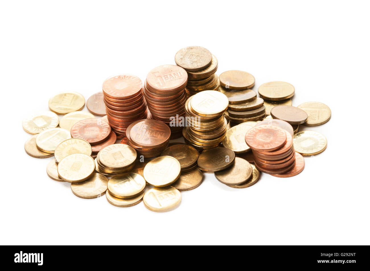 Piles of romanian coins isolated on white background Stock Photo - Alamy