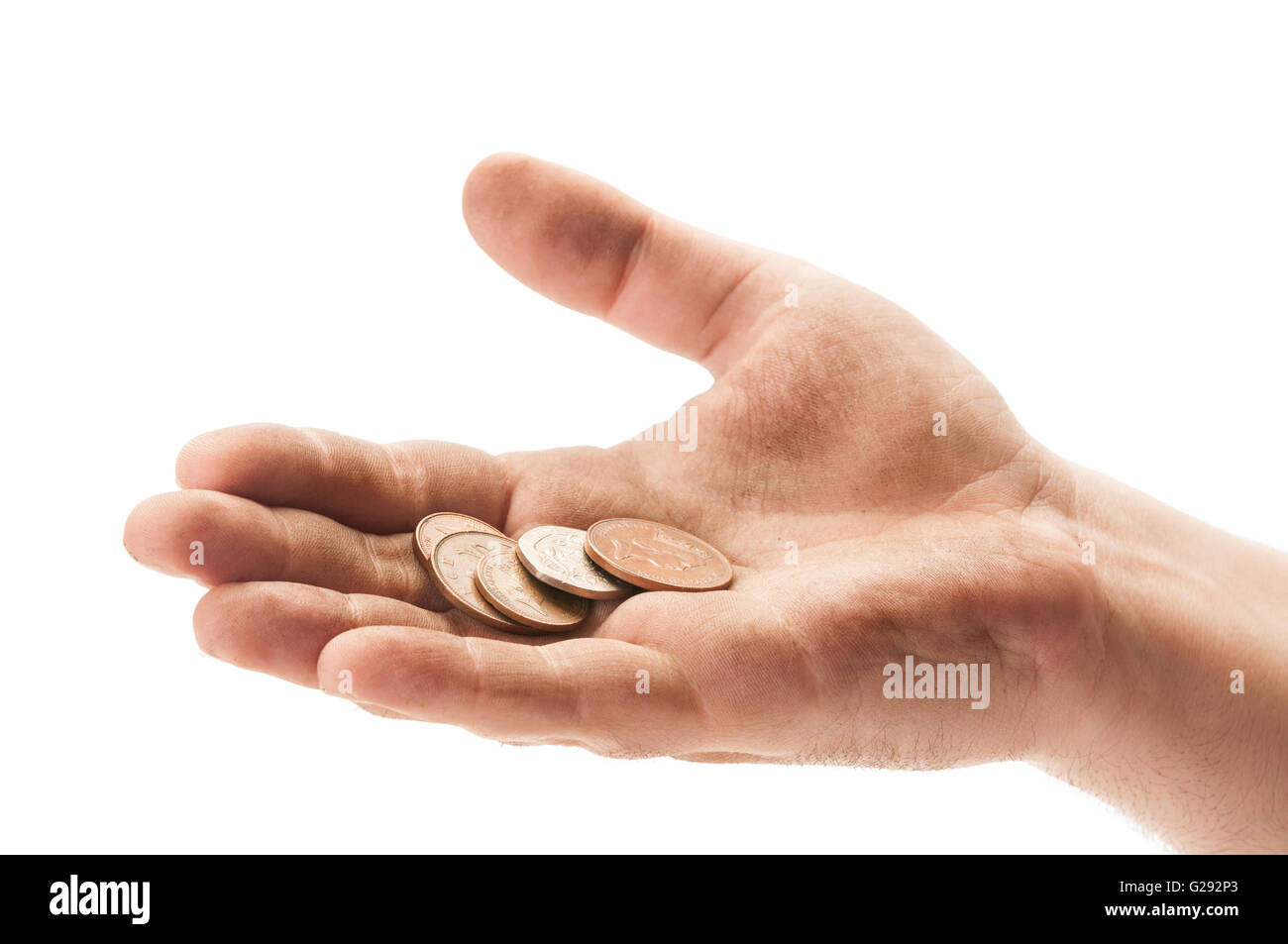 Dirty beggar hand with england coins on white background Stock Photo ...