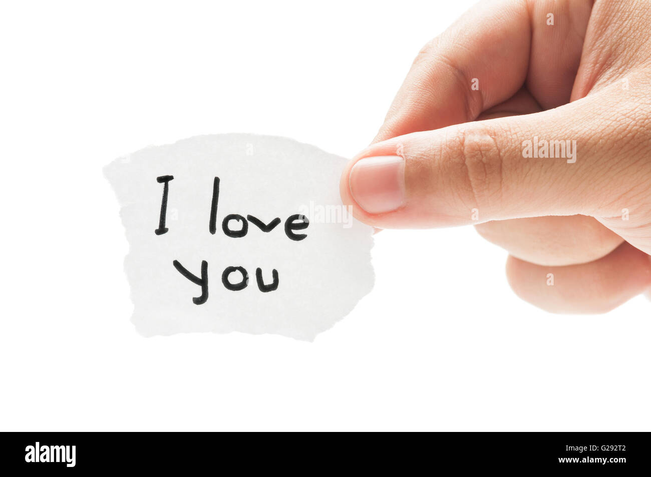 The Most Romantic Message Written On A A Piece Of Paper Is I Love You Concept Is Using The Hand Holding The Ticket Has A White Stock Photo Alamy