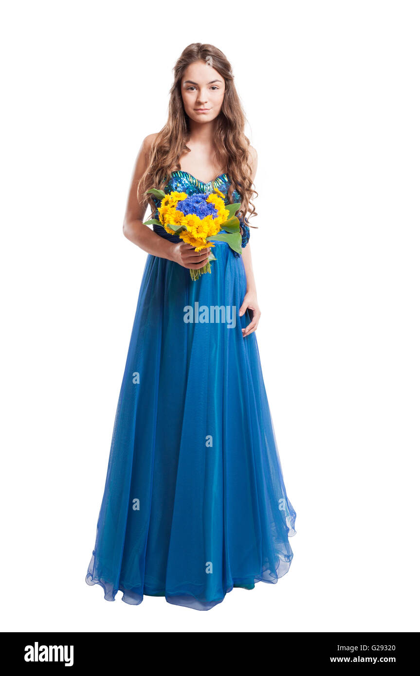 Beautiful young woman model with a bouquet of yellow flowers isolated ...