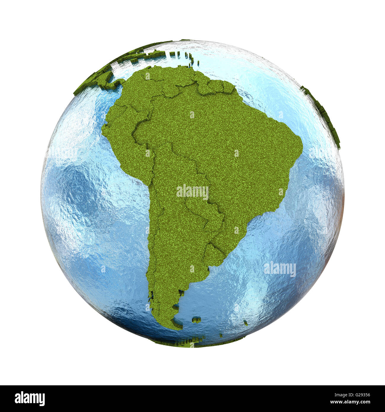 South America on 3D model of planet Earth with grassy continents with ...