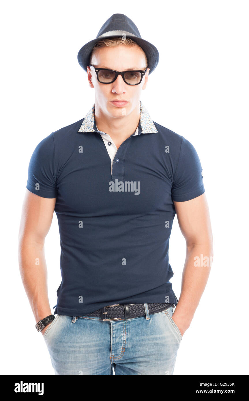 Fashion male model wearing short jeans, blue shirt, sunglasses and hat  Stock Photo - Alamy