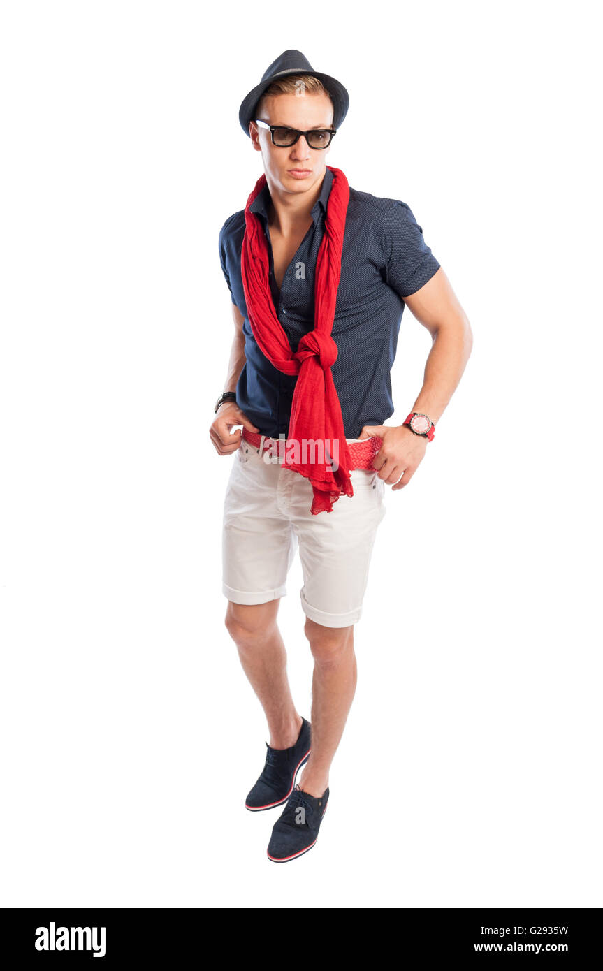 Male model wearing fancy and casual summer clothes with hat and sunglasses Stock Photo
