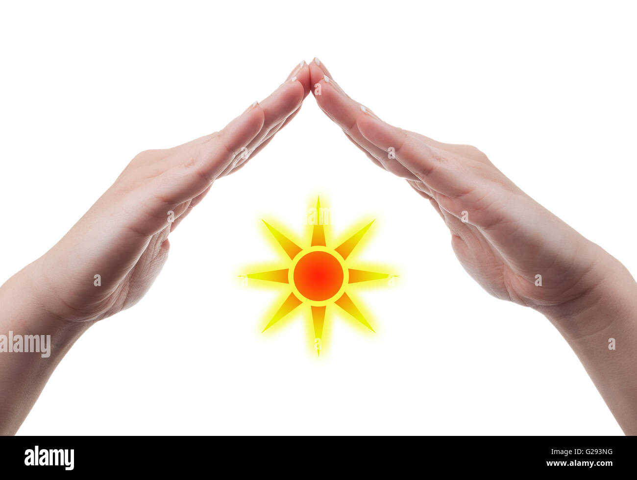 Hands protecting the sun. Solar power energy concept isolated on white ...