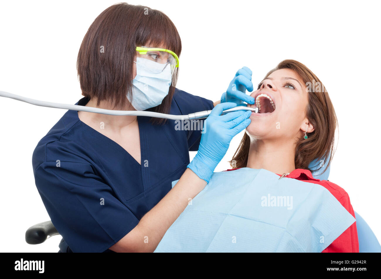 Dental drilling procedure on upper teeth in dentist office Stock Photo