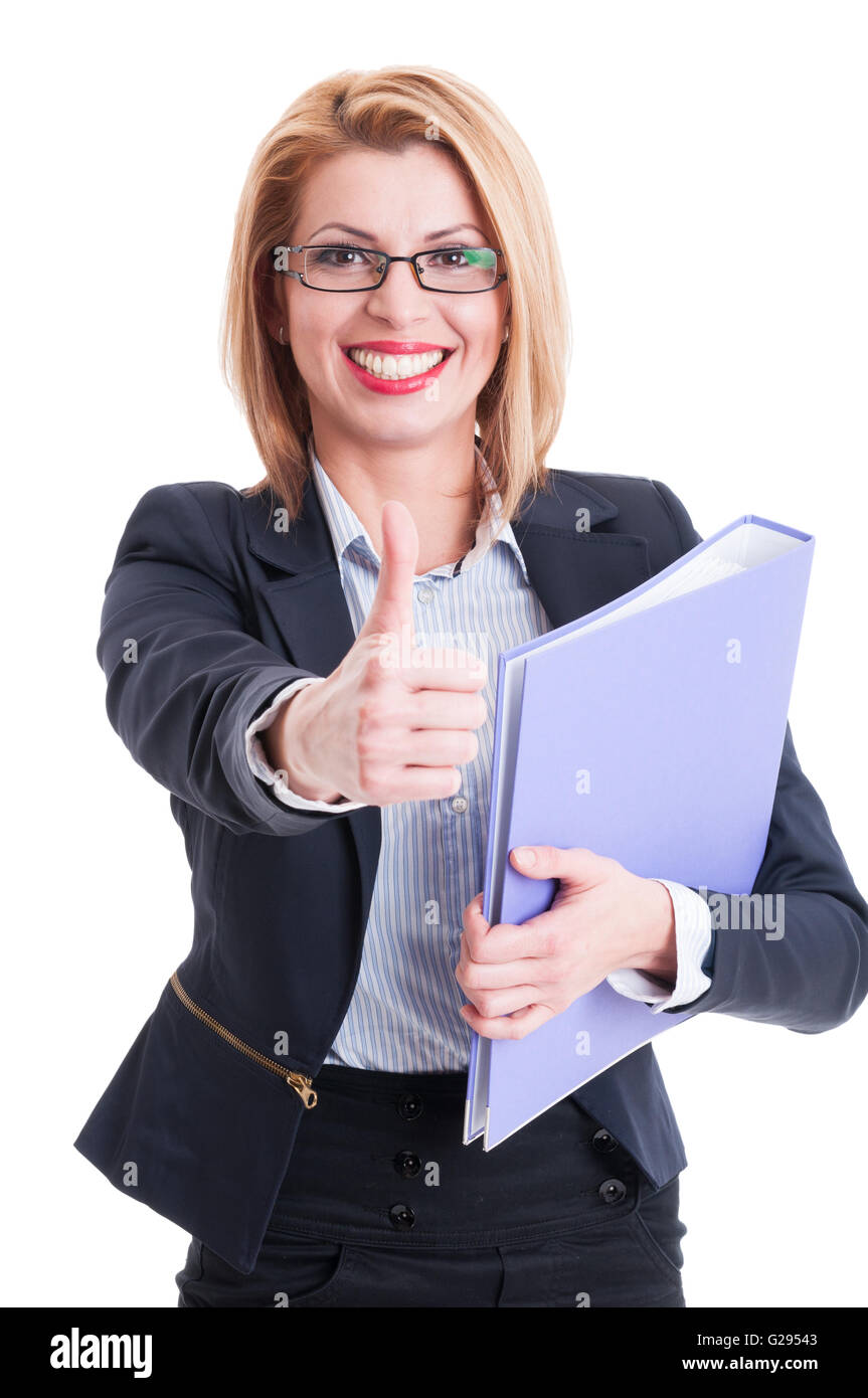 Confident business woman holding folder and showing thumbs up Stock ...
