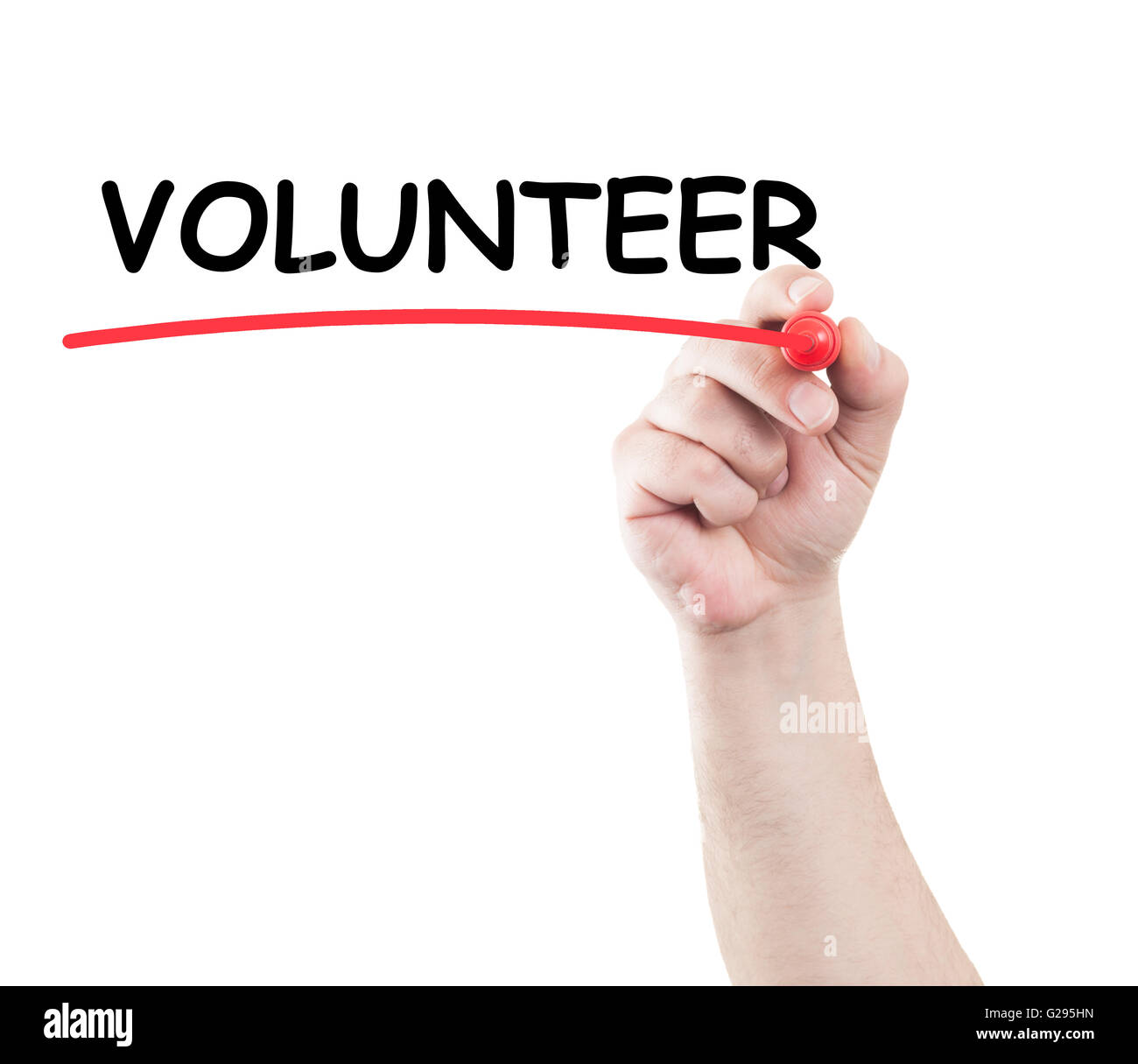 Hand writing volunteer underline text on transparent wipe board with white background and copy space Stock Photo