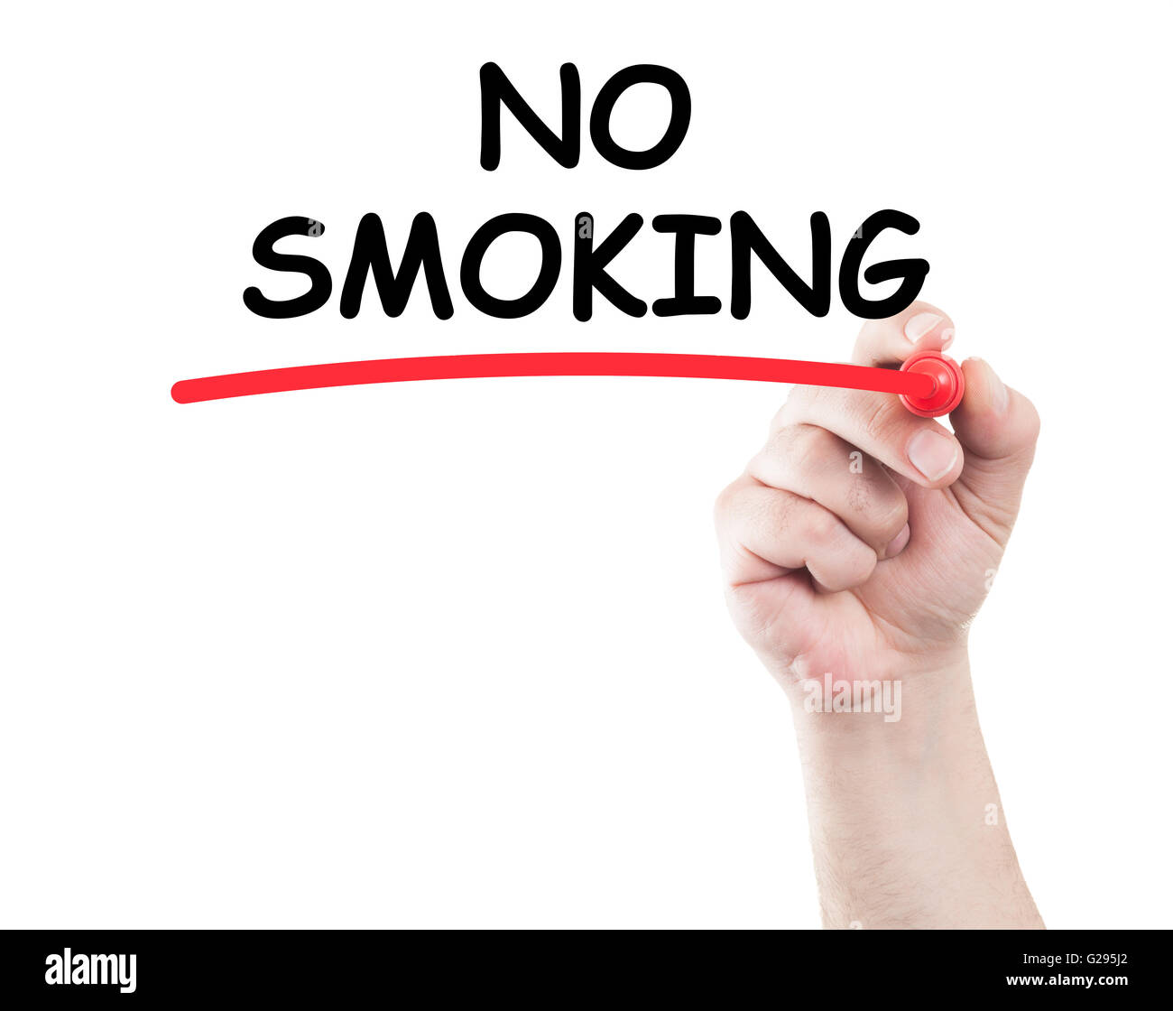 hand writing no smoking underline text on transparent wipe board with white background and copy space Stock Photo