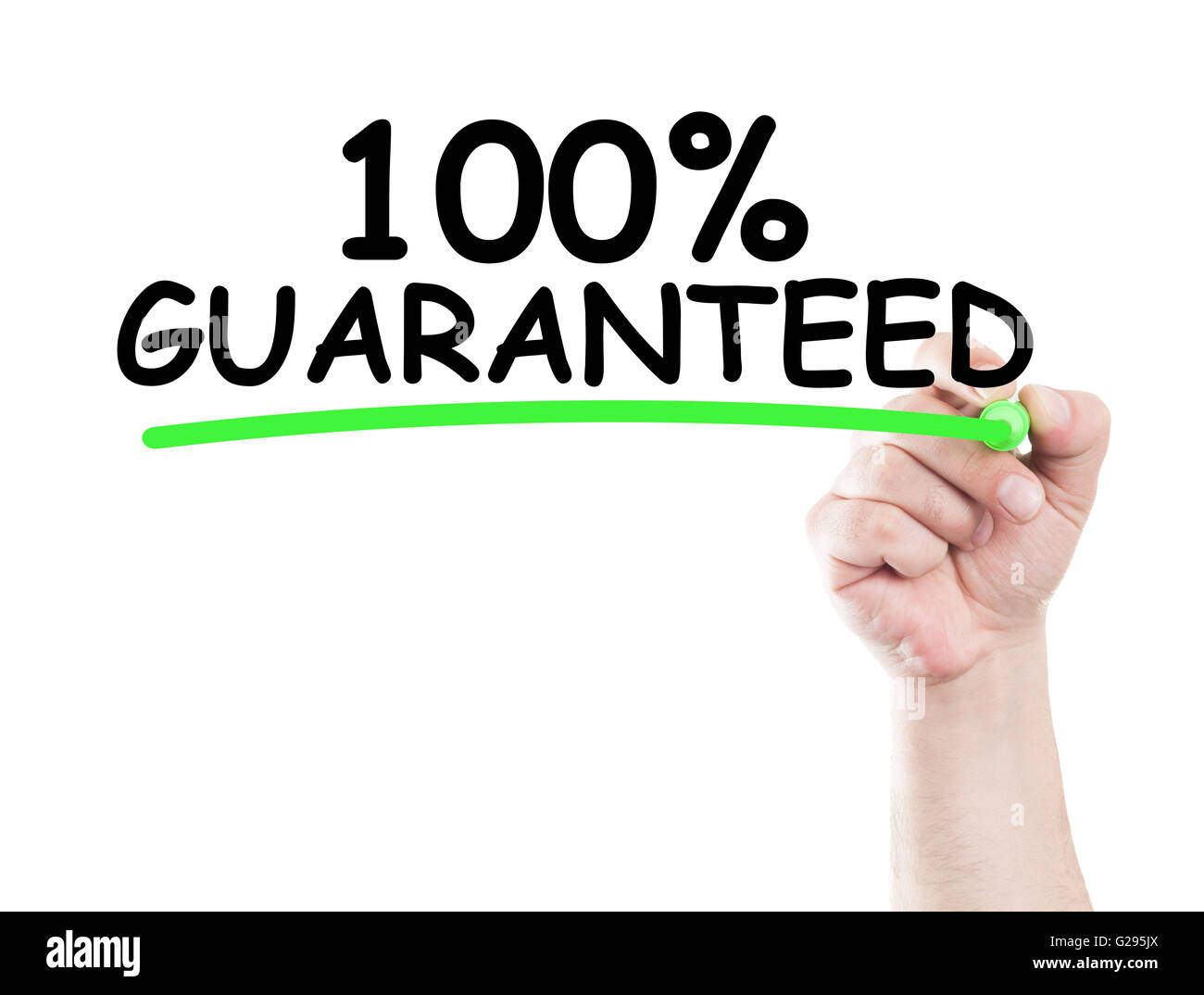 100 or one hundred procent guaranteed written by hand using a marker and underline on transparent wipe board with white backgrou Stock Photo