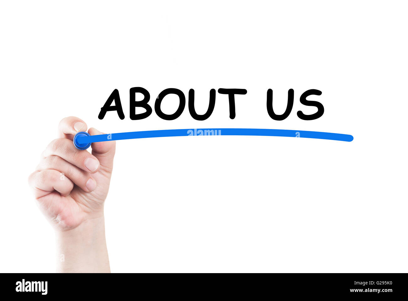 About us written by hand using a marker and underline on transparent wipe board with white background and copy space Stock Photo