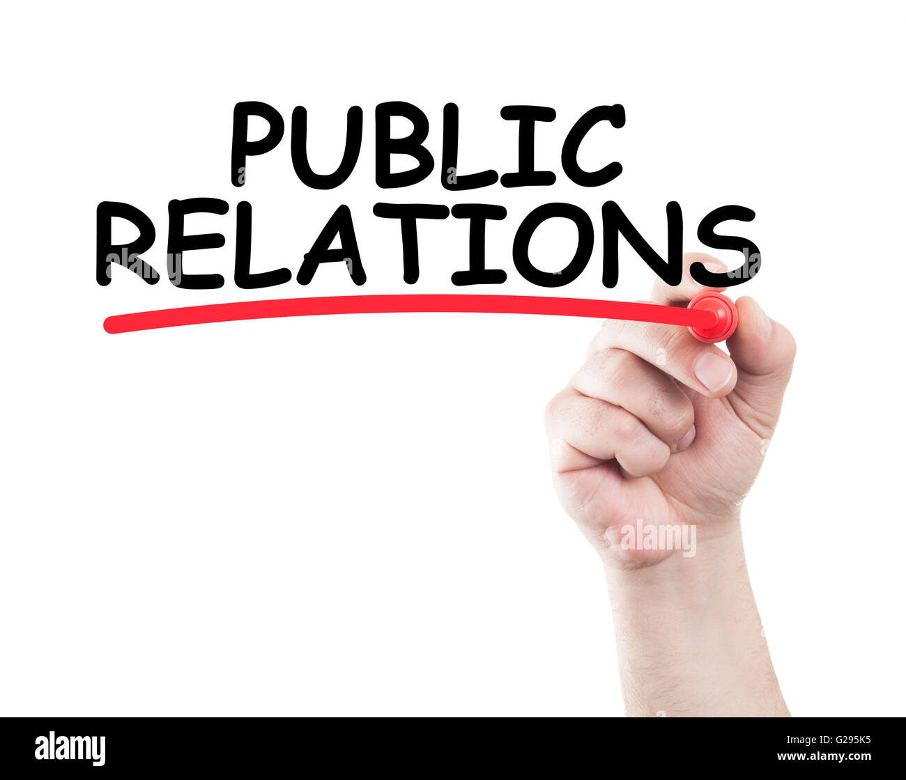 Public Relations written by hand using a marker and underline on transparent wipe board with white background and copy space Stock Photo