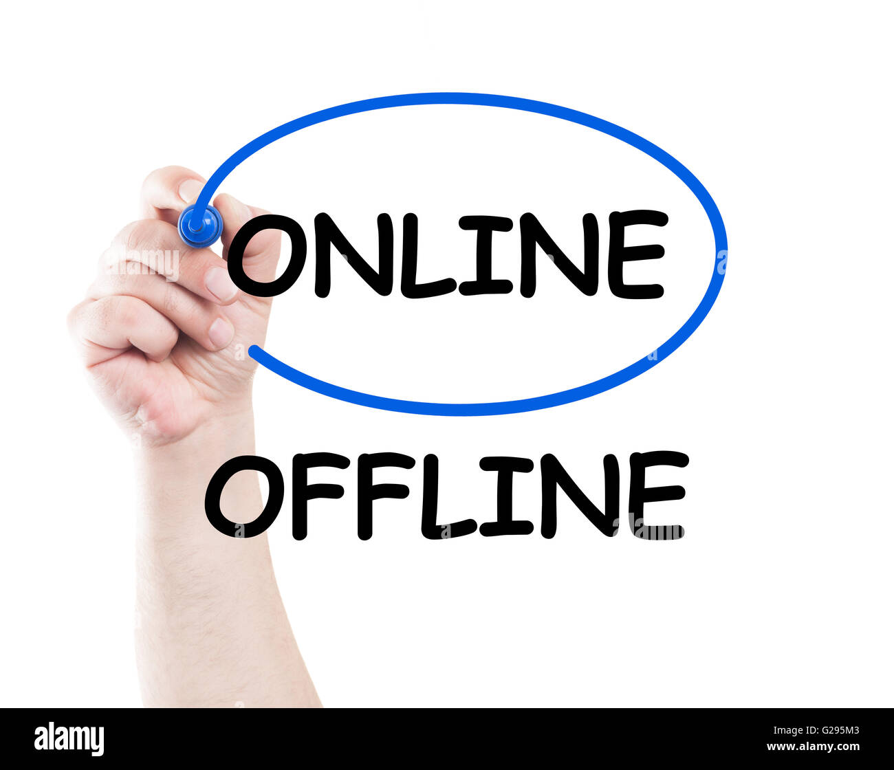 Online not offline concept made on transparent wipe board with a hand holding a marker Stock Photo