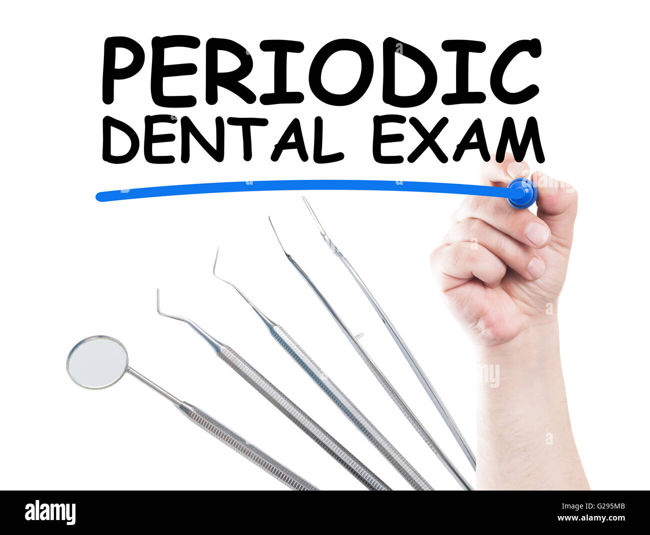 Periodic dental exam concept made on transparent wipe board with a hand holding a marker and usual dentist tools or instruments Stock Photo