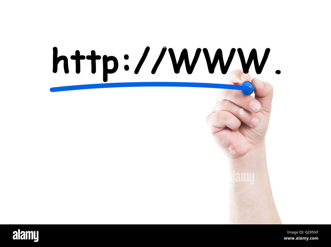 Url or web domain address concept written on transparent white wipe board with a hand holding a marker Stock Photo
