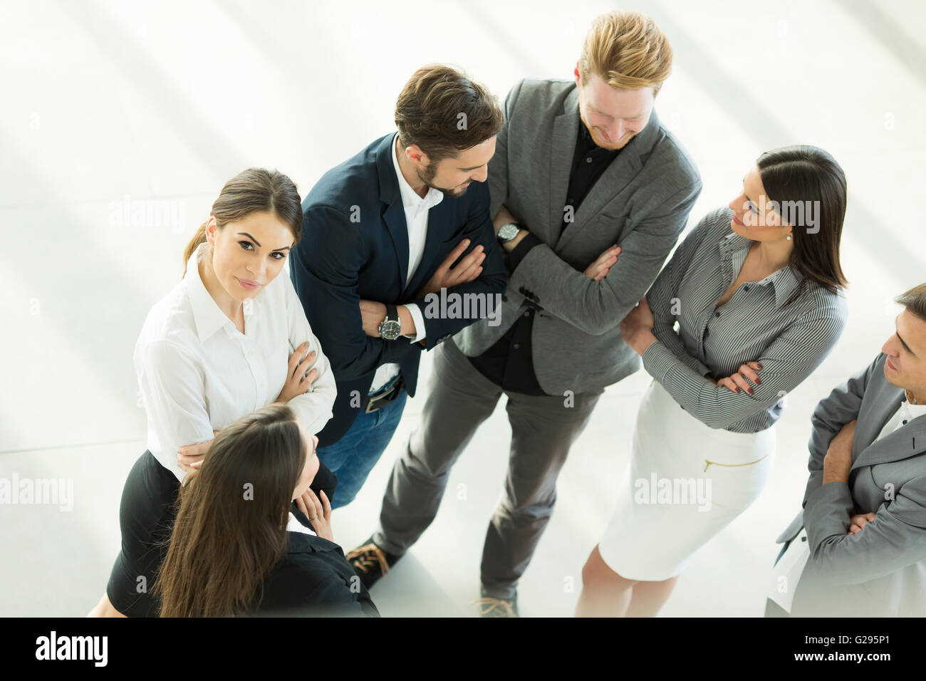 Top view of satisfied young business pepole in the office Stock Photo