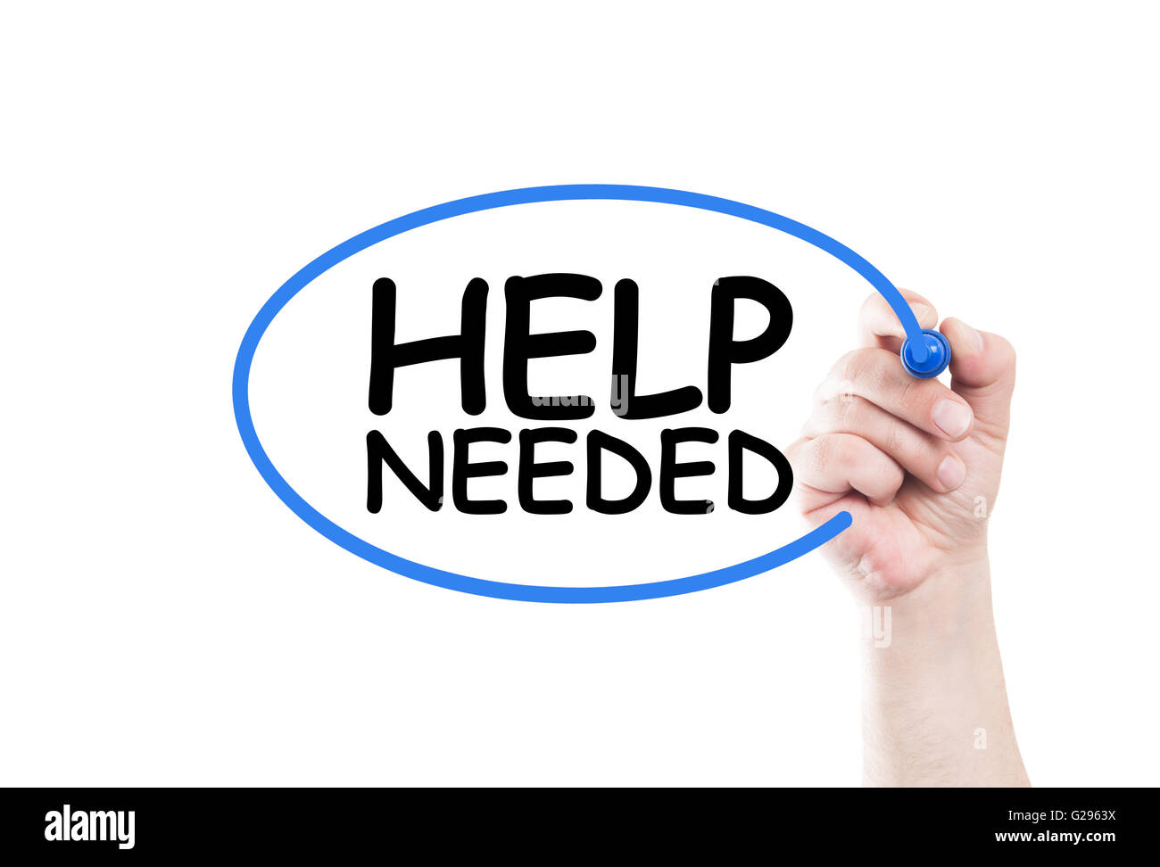 Help needed concept text write on transparent wipe board by hand holding a marker Stock Photo