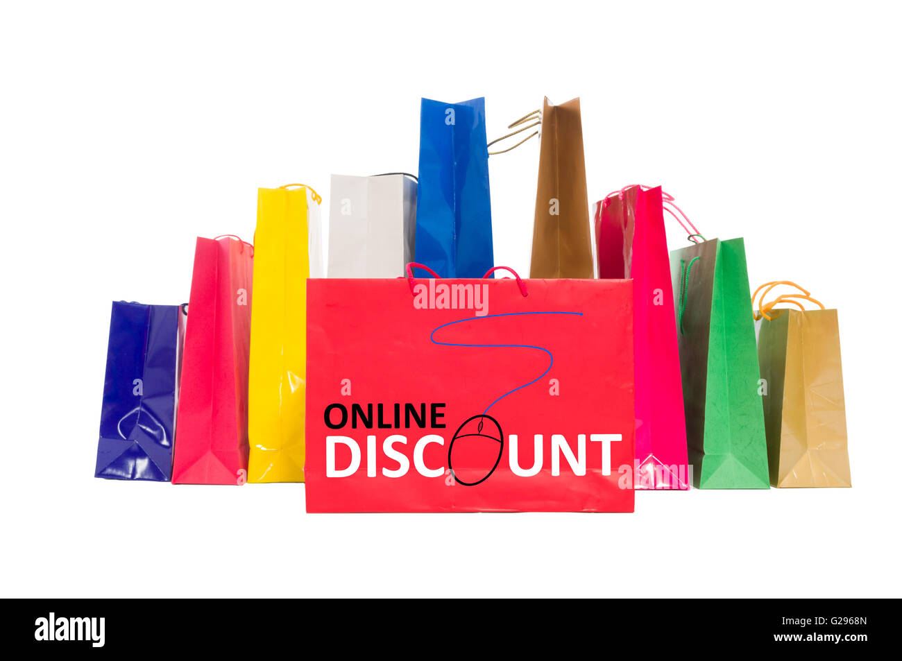 Online discount concept using shopping bags isolated on white background Stock Photo