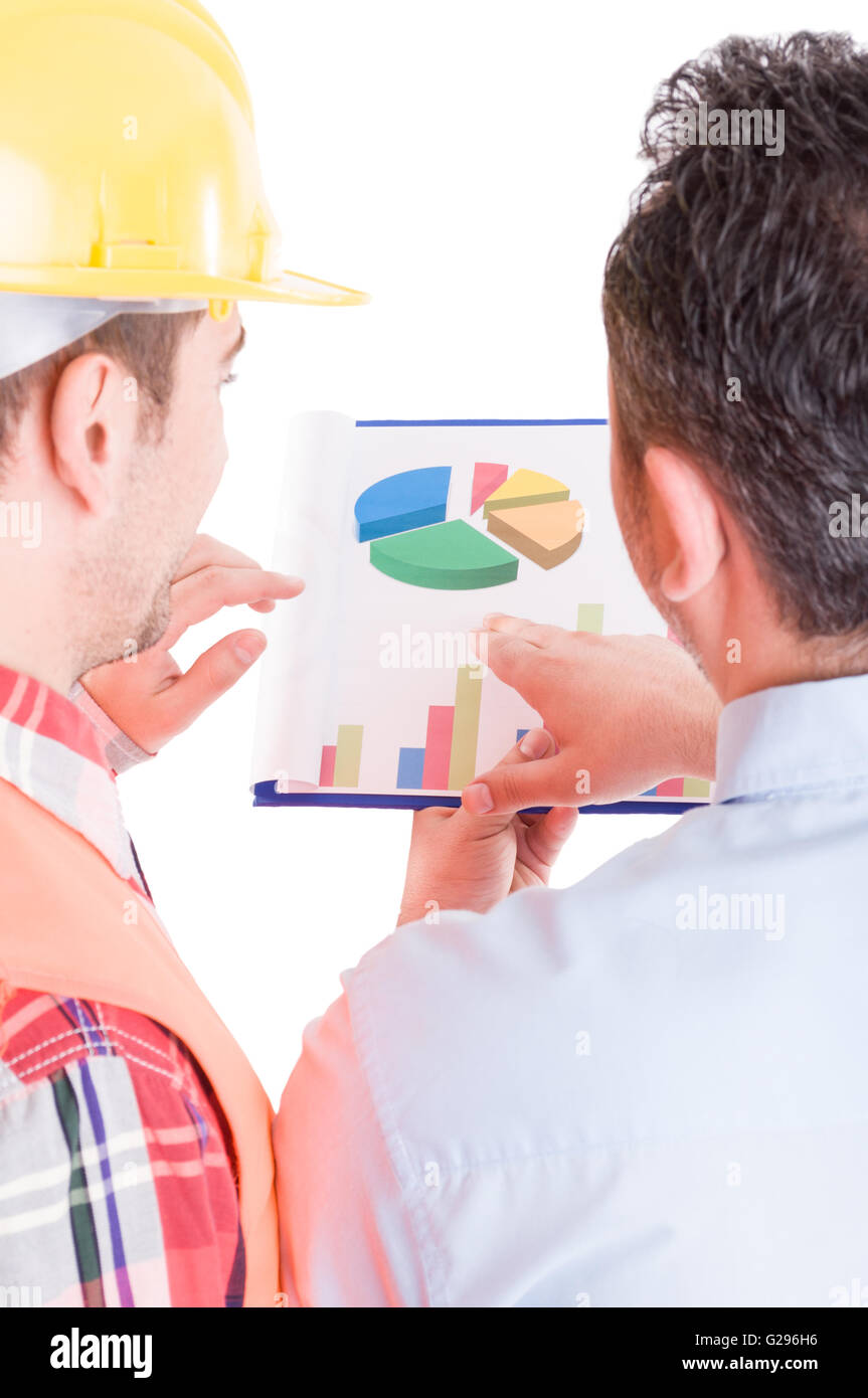 Engineer and builder checking chart pies on clipboard Stock Photo Alamy