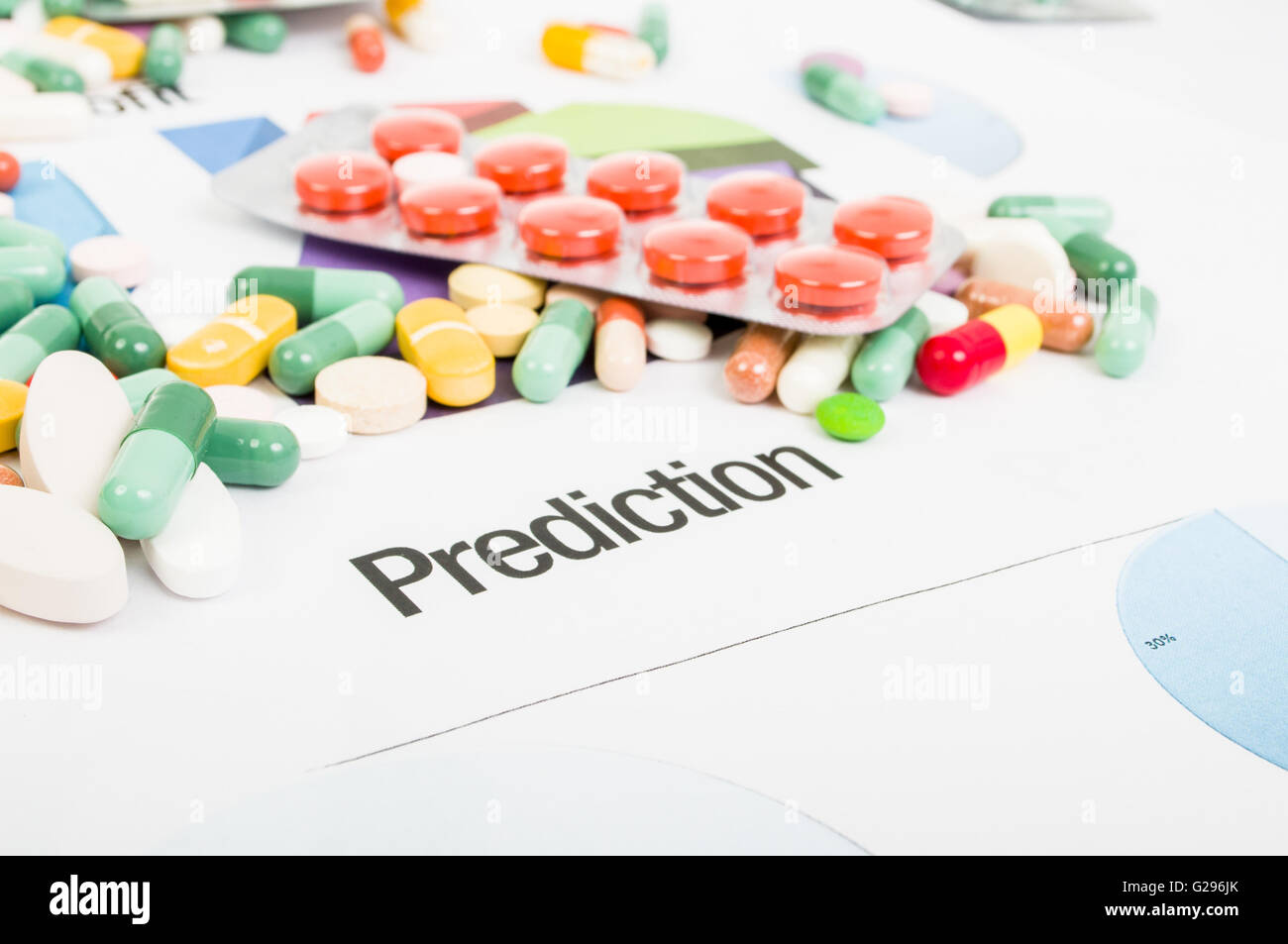 Pills sales prediction concept with printed graphs and bunch of pills Stock Photo