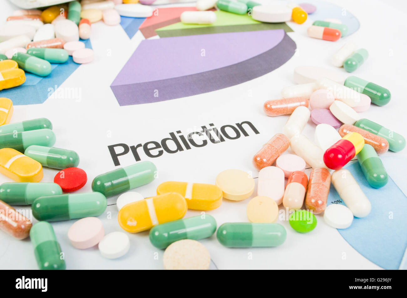 Medicine sales prediction charts printed and covered in many pills Stock Photo
