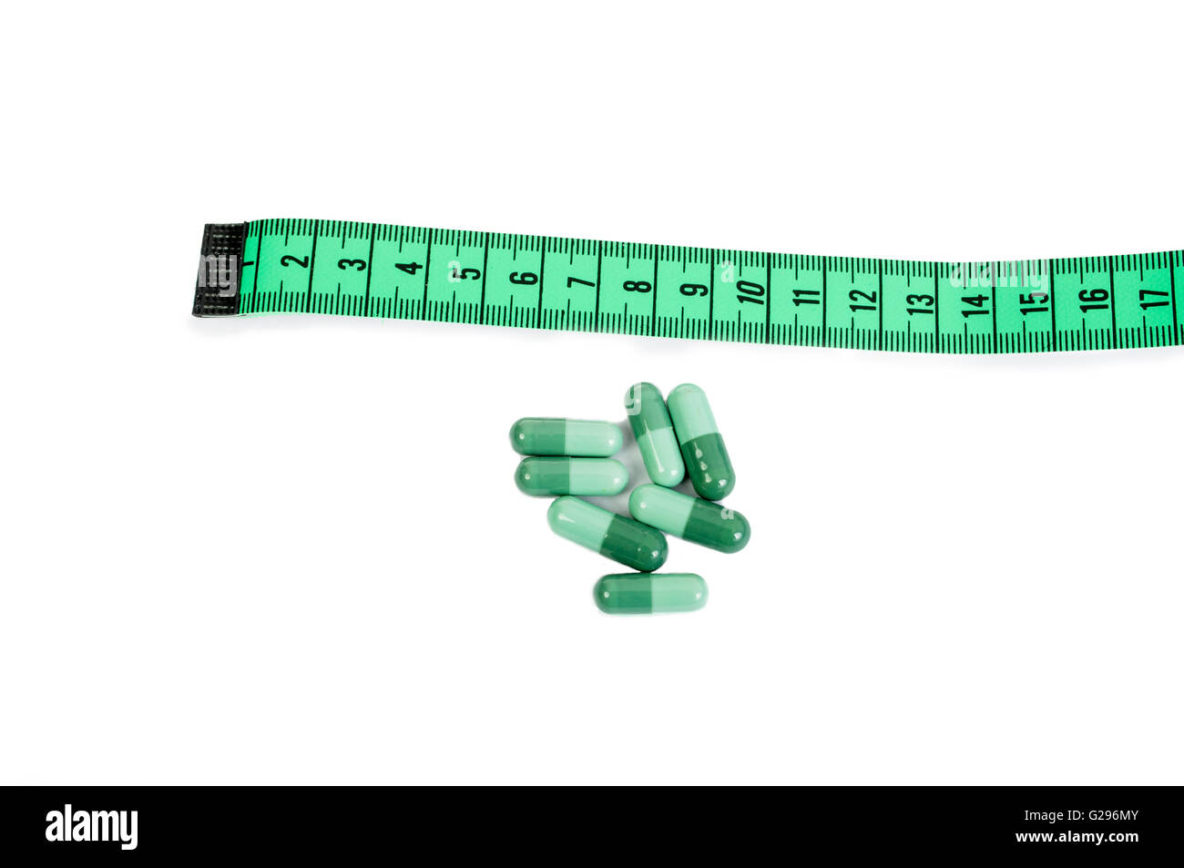 Natural slim diet pills concept with tailor meter and green capsules Stock Photo