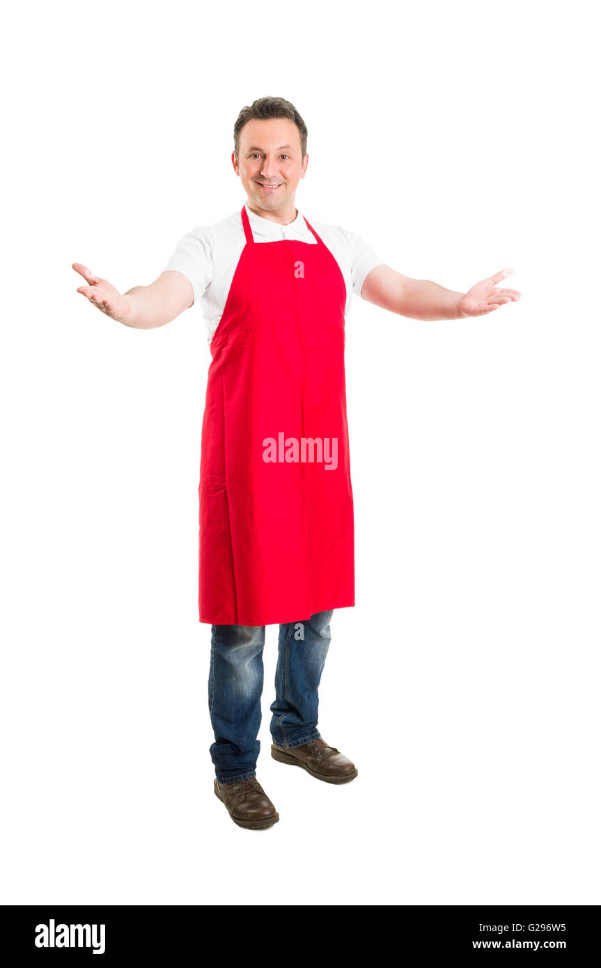 Friendly hypermarket employee with arms wide open inviting people to opening or inauguration Stock Photo